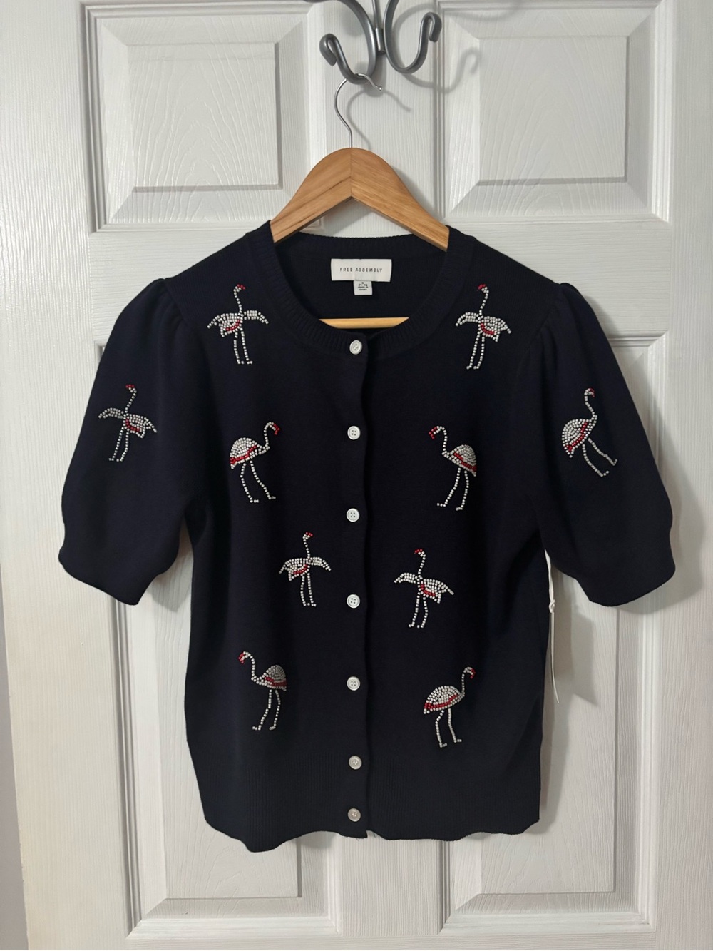 Free Assembly Girls' Navy Flamingo Embroidered Button-Front Top